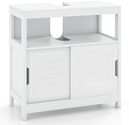 COSTWAY Under Sink Cabinet, Freestanding Bathroom Floor Cabinet with Double Sliding Doors and Open Shelf, Wooden Bathroom Unit Under Basin Storage Cupboard for Toilet, 60x30x60cm, White
