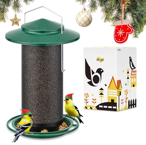 iBorn Bird Feeders for Outdoors, All Metal Mesh Tube, Holding Bird Seed for Outside Feeders,17.7cm Large Roof, Green, 2.8lb(Seed is not Included)