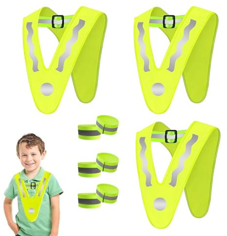 Janety 3 Stück Warnweste Kinder mit 6 Reflektierenden Armbändern, Reflektorweste Kinder mit V-Form Signalkragen, leuchtweste Kinder, leichte Sicherheitsweste für den Kinderradsport