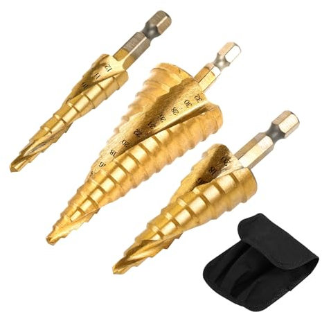 3 PCS Broca Escalonada Cónica HSS con Recubrimiento de Titanio 4-12/20/32mm Vástago Hexagonal Brocas para Metal Fresas para Metal para perforar acero madera latón aluminio y PVC(Dorado)