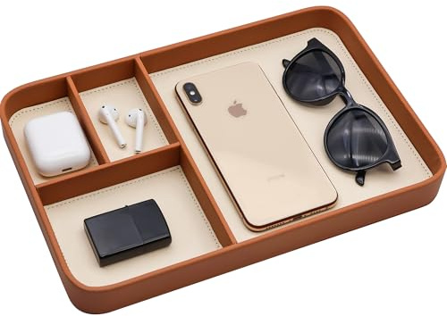 Plateau de valet en cuir synthétique, marron | Entrée élégante et organisée, plateau de table de chevet, plateau EDC Catchall Tray