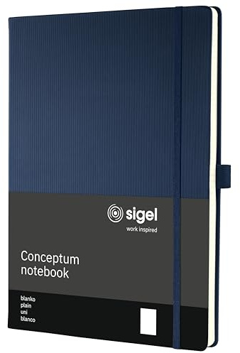 SIGEL CO684 Premium Notizbuch A4 blanko blau, Hardcover, 194 nummerierte Seiten, nachhaltiges Papier, mit Inhaltsverzeichnis, Stiftschlaufe, Falttasche, Gummibandverschluss, Conceptum