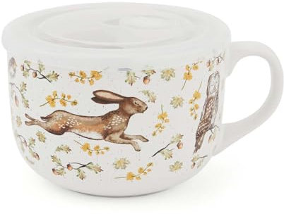 Cooksmart Forest Fable Soup Mug with Lid | British Designed Stoneware Soup Bowl | Woodland-Inspired Mug with Handle & Plastic Lid | Rustic Farmhouse Tableware | Dishwasher & Microwave Safe | 600ml