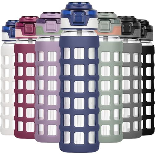 Ferexer Borraccia in vetro da 1 litro/660 ml con manico e coperchio a ribalta, a prova di perdite, senza BPA, in vetro borosilicato sostenibile, con custodia in silicone, borraccia sportiva in vetro