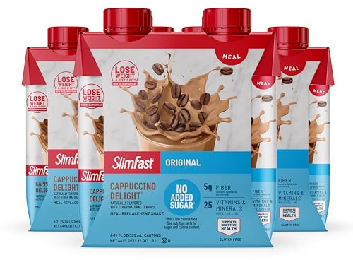 SlimFast Meal Replacement Shake, Original Cappuccino Delight, No Added Sugar, Meal Replacement Shakes, 10g Ready to Drink Protein, 5g Fiber, 25 Vitamins and Minerals, 11 Fl. Oz, 12 Count