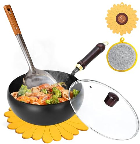 Olla de hierro Usceshonn, olla grande martillada a mano, olla gruesa de hierro sin revestimiento con tapa de madera/tapa de vidrio, sartén antiadherente forjada a mano para cocinas (26cm, Glass lid)