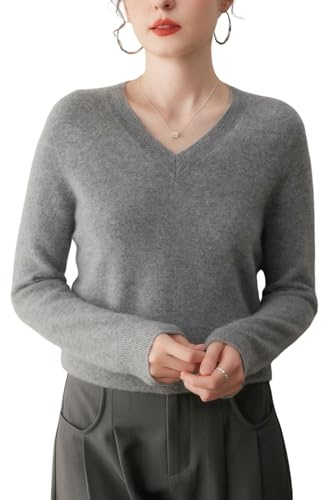 DISSA Pull Femme Col V Manches Longues Cachemire Laine,Gris,36