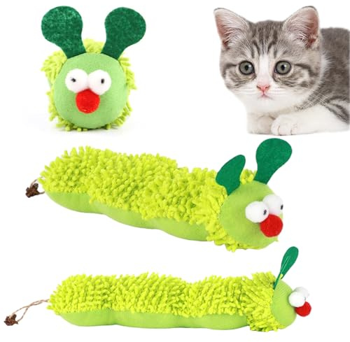 BSITSSS Set med 2 kattgräsleksaker, grön larv, interaktiv kattleksak, plysch, kattleksaker, kattunge, kattunge, för att tugga och rengöra tänderna