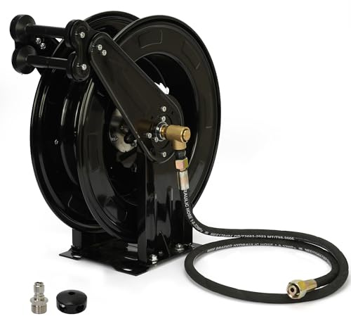 Retractable Pressure Washer Hose Reel,3/8 X 50 FT Heavy Duty Steel Power Washer Hose Reel,with Dual Arm 4000 PSI Wall/Floor Mounted,Pressure Cleaning Hose not Included