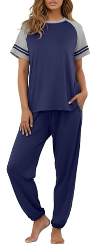 PrinStory Women's Pyjama Set Nightwear Summer Pajama Set Crew Neck Loungewear Tops and Pants with Pockets Pjs (Navy Blue, XL)