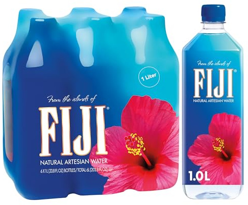 FIJI Natural Artesian Bottled Water 1 Liter / 33.8 Fl Ounce (Pack of 6) | 100% Natural Electrolytes, Large Water Bottles, Agua