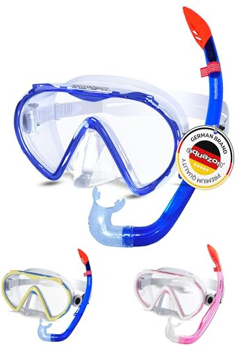 AQUAZON Korfu Hochwertiges Schnorchelset, Tauchset, Schwimmset, Schnorchelbrille mit Tempered Glas, Schnorchel mit semi Dry top für Kinder, Jugendliche Von 7-12 Jahren, Farbe:Blue