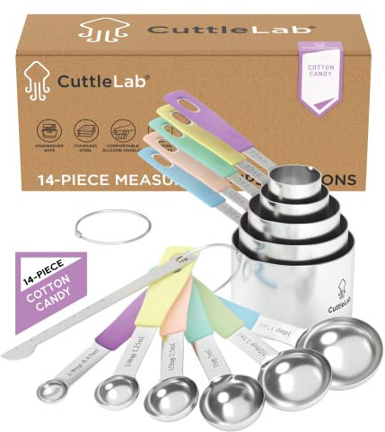 CuttleLab Messbecher und Messlöffel 14 Stück – Edelstahl Messbecher und Löffel Set, inklusive 1/8 Teelöffel Messlöffel, 1/8 Tasse Messbecher, Leveler trocken (14, Cotton Candy)