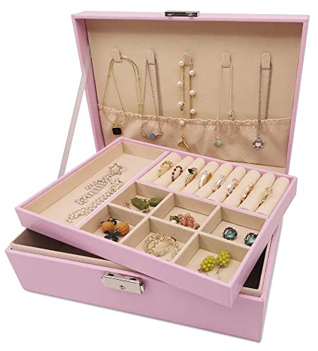 Pahajim Schmuckaufbewahrung für Damen Mädchen, Schmuckkästchen 2-stöckige Schmuckkasten PU-Leder Schmuckschatulle Jewelry Organizer Schmuckbox für Ringe, Ohrringe, Armbänder und Halsketten