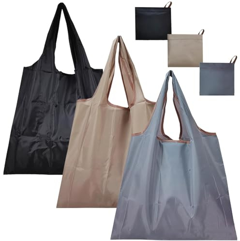 NHBETYS 3 pcs Foldable Shopping Bag, Reusable Shopping Bags Nylon Waterproof Tote Bag Grocery Bags Shopper for Fruit Vegetable Storage(black, dark beige, gray)