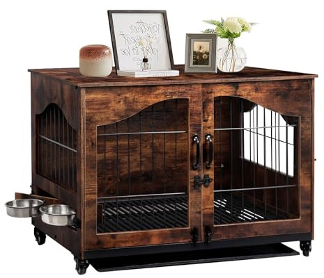 Fulgutonit Hundekäfig für Zuhause, Mittlere Hundekäfig Möbel Indoor mit 360° Drehbaren Hundenapf, Hundebox mit 2 Türen & Räder, Moderne Hundekäfig Holz für Kleine/Mittelgrosse Hunde