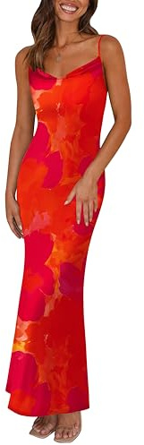 PRETTYGARDEN Adjustable Straps Sleeveless Summer Dresses for Women 2026 Floral Mesh Bodycon Sexy Dress Backless Maxi Dress (Orange Red Big Floral,Small)