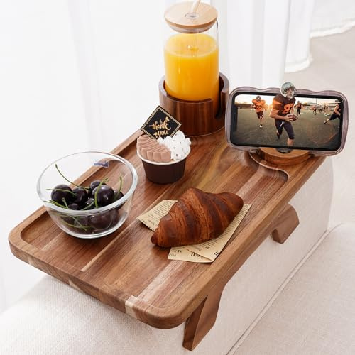 Nnewvante Couch Cup Holder Tray, 3 in 1 Large 15.36x9.85 Acacia Wood Sofa Arm Clip on Tray Table with 360°Rotated Phone Holder on Armrest