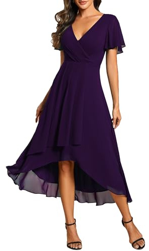 Ever-Pretty Vestidos de Invitada de Boda Elegantes Vestidos de Noche de Gasa Mujer Midi Cortos Vestidos de Novia Morado Oscuro 42
