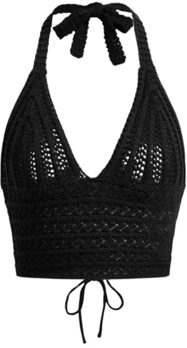 Naileksi Y2K - Top sin Mangas para Mujer, Cuello en V, Cuello en V, sin Espalda, de Ganchillo, Negro, S