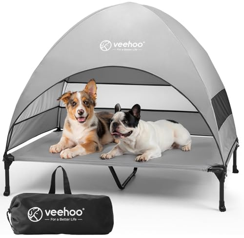 Veehoo Outdoor Dog Bed with Canopy, Cooling Elevated Pet Cot with Removable Shade, Non-Slip Feet, Raised Dog Cot for Large Dogs, Pet Tent Bed for Camping, Beach, XLarge, Grey, CWC2411