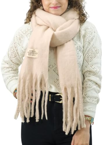 XIFRIKA Bufanda de Mujer para Invierno Tamaño XXL 248x39cm Lisa de Color Beige Claro. Bufanda Suave, Cálida, Extragrande. 100% Poliéster con Flecos para Uso Diario