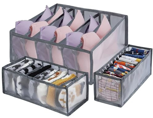 Yesaler Cassetto Organizer per Biancheria Divisori Cassetti Pieghevole Organizzatore Storage Box per Reggiseni Calzini Cravatte Sciarpe Fazzoletti Set di 3 Grigio