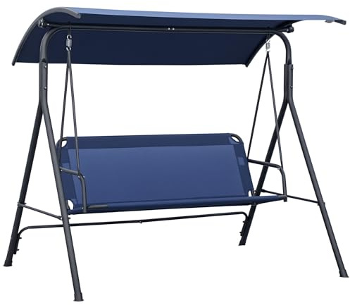 Outsunny Dondolo da Giardino 3 Posti con Tettuccio Parasole Regolabile, Dondolo da Esterno con Seduta Traspirante in Texteline e Metallo, Portata Fino a 240 kg, 172x110x153 cm, Blu Scuro