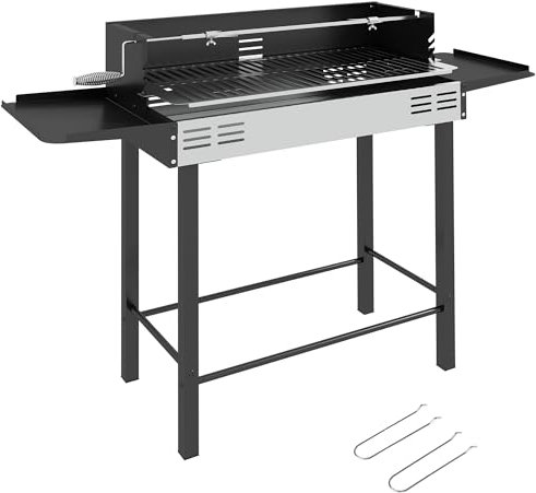 Outsunny Barbecue charbon de bois BBQ avec grille de gril à 3 niveaux et étagères latérales pliables, barbecue à charbon en acier inoxydable, pare-vent amovible, 118 x 32 x 90 cm, noir