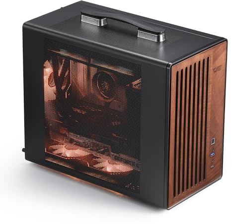 darkFlash Funda portátil Micro-ATX para PC con asa, mini torre MATX con madera, con 1 ventilador ARGB PWM, puerto tipo C, compatible con 240 AIO, enfriador de 165 mm, escritorio compacto simple, negro