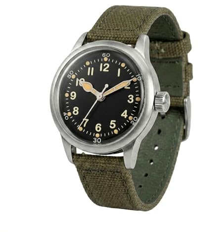PRAESIDUS | Reloj de Servicio A-11 (Edición Tom Rice) - Relojes para Hombres - A11 Militar - Vidrio acrílico, caraguilla Negra de 38mm y Correa de Lona Verde - Montado en EE.UU., WW2
