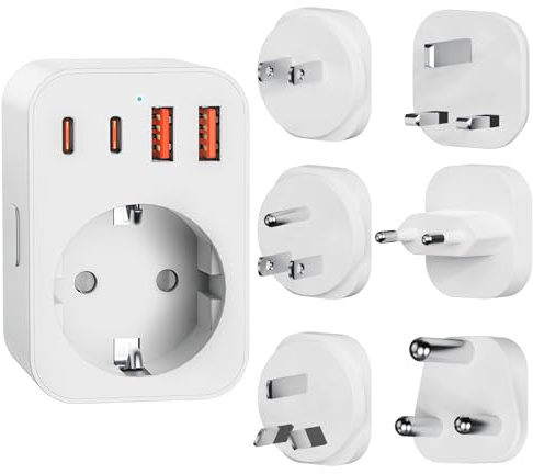 Universal Travel Plug Adapter with 2 USB-C & 2 USB-A Ports - 6 Removable Plugs (Type A/B/C/G/I/M) for Europe, UK, USA, Australia, South Africa, Japan and More