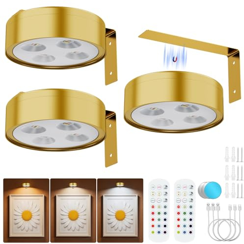 Bawoo Aplique Luz para Cuadros sin Cable, 13 RGB Luces LED Magnéticas Inalámbricas Recargables, 3PCS, 451LM, Doble Control Remoto/Modo Pulsador, Lámpara de Pared para Cuadros y Pinturas (Blanco)