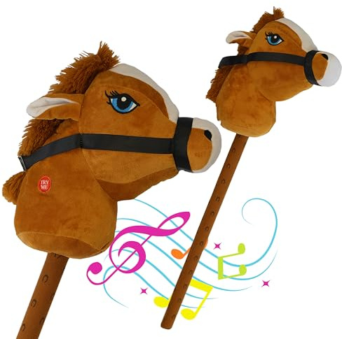 The Magic Toy Shop Brown Hobby Horse on a Stick with Galloping & Neighing Sounds for Kids - Soft Handle, Holding Strap, Toy Horse Plush for Boys and Girls