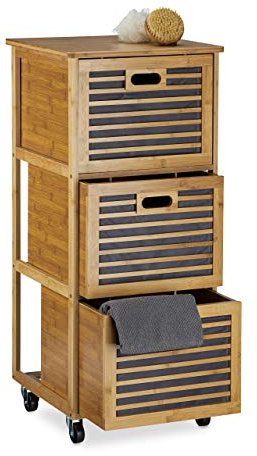 Relaxdays Rollwagen mit Schubladen aus Bambus mit 3 Fächern HBT: 92 x 41 x 41 cm Nützliches Badregal mit Schubkasten mit Rollen als Wäschebox und Schubladenschrank für Badutensilien, natur