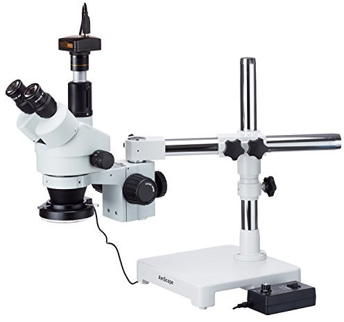 AmScope 7X-90X Trinocular Zoom Stereo Microscope on Boom Stand with 144 LED Light and 10MP Camera