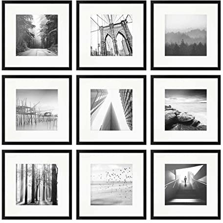 PHOTOLINI Bilderrahmen 30x30 Schwarz Holz MDF, 9er Set Bilderrahmen quadratisch 30x30, Foto Rahmen mit Passepartout zum Aufhängen, Rahmen 30 x 30 mit Acrylglas & Zubehör - für Fotos & Poster