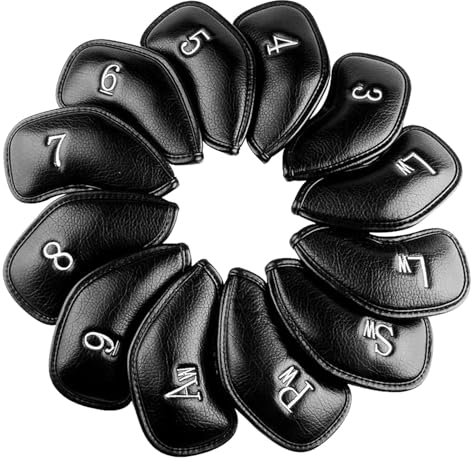 Golf Headcover Schlägerhaube Eisen Eisenkopfhüllen Kunstleder Iron Head Covers Value Set of 12 Rot Blau Schwarz Für Herren Damen (Schwarz)