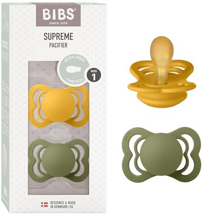 BIBS Supreme Soother 2-Pack, BPA Free Dummy Pacifier, Symmetrical Nipple. Natural Rubber Latex, Size 1 (0-6 Months), Honey Bee/Olive