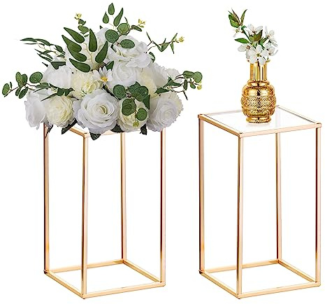 Nuptio 2 Pcs Metal Flower Floor Vase Column Flower Stand Geometric Centerpieces Vase for Tables, 15¾ inch Tall Gold Flower Holder for Home Party Wedding Decorations, Rectangular Flower Display Rack