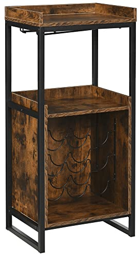 HOMCOM Casier à vin Design Industriel étagère à Bouteilles 9 Bouteilles Support Verres à vin intégré métal Noir Aspect Vieux Bois veinage