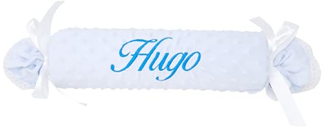 Mababyshop Cojín Forma de Caramelo para Bebé Recién Nacido - Textura Extra Suave de Burbujas, Personalizado con Nombre Bordado y Puntilla de Encaje, Desenfundable - Regalo Original