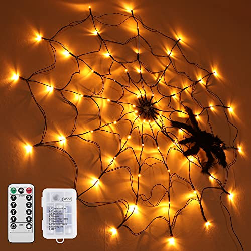 SHYOSUCCE Decoración de Halloween Luces de Tela de Araña, 1 M de Diámetro, Luces Telaraña con 70 LED Luces, Araña Negra, Control Remoto para Fiesta, Patio, Bar, Casa Embrujada