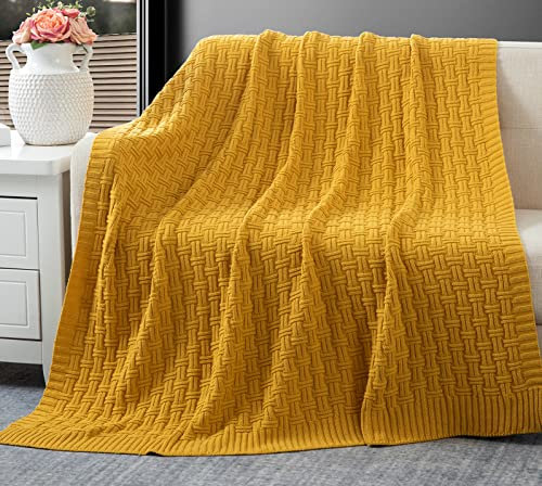 RUDONG M Mustard Yellow Cotton Cable Knit Throw Blanket, Cozy Warm Knitted Couch Cover Blankets, 50 x 60 Inch