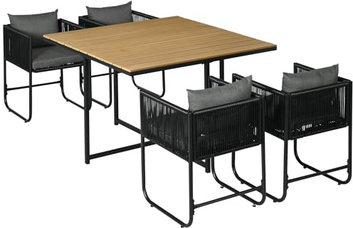 Outsunny 4 Seater Rattan Cube Garden Furniture Set, Rattan Dining Set with Cushions, Outdoor Dining Table and Chairs with Rectangular Wood Grain Plastic Top Table for Patio, Balcony, Black