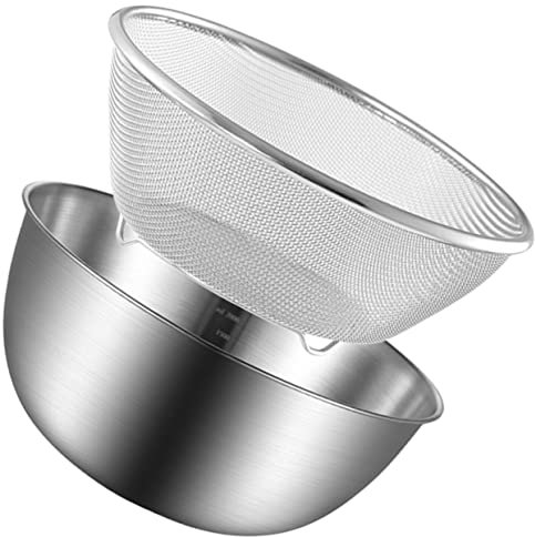 Housoutil Colander Stainless Steel, 1set Rice Washing Bowl with Strainer, 24cm Fine Mesh Strainer Bowl, Fruit Colander for Washing Vegetables, Rice, Vegetables and Noodles