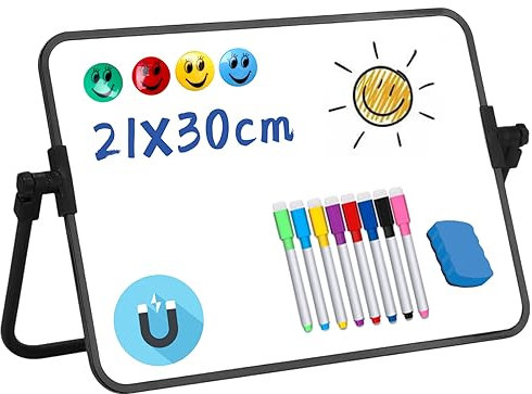 DONGDA A4 Witeboard mit Ständer, Tragbare Doppelseitiges Magnettafel Pinnwand Magnetisch Dry Erase Whiteboard, White Board Tafel inklusive 8 Whiteboard Stifte/1 Schwamm/4 Magnete, 30 x 21cm
