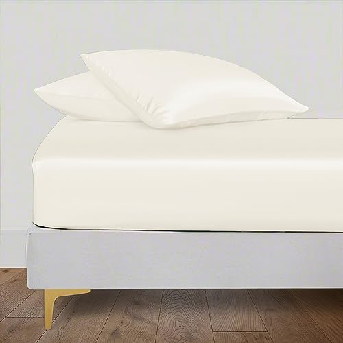 LINENWALAS Lenzuolo con angoli 100% Tencel Lyocell con elastico sicuro aderente tutto intorno, tasca profonda da 40 cm - Biancheria da letto in seta di eucalipto più fresca e morbida (avorio/bianco