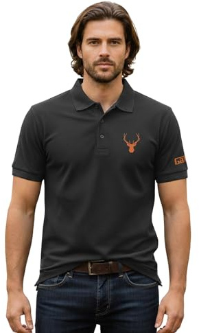Game Technical Apparel Mens Printed Stag Logo Short Sleeve Polo Shirt - Hunting Camping Top Charcoal