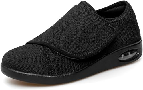Diabetiska skor kvinnor extra bred slip-on luftkudde artrit ortopedisk ödem svullna tofflor justerbar promenadsandal för äldre storlek, Svart, 37 EU